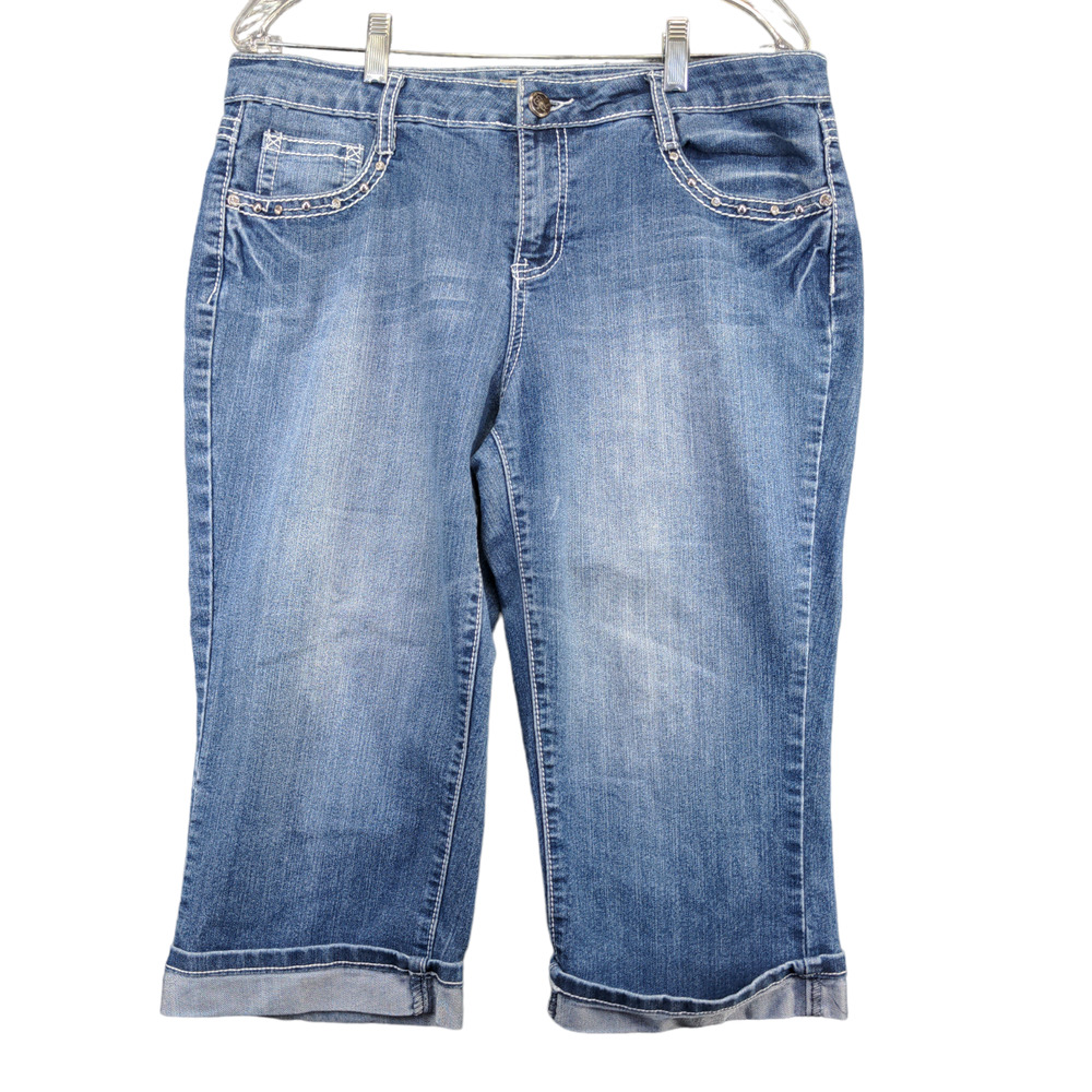 Earl Jean Women's Straight Leg Capri Jeans v 12 Stone Cuffed Hem Embellished